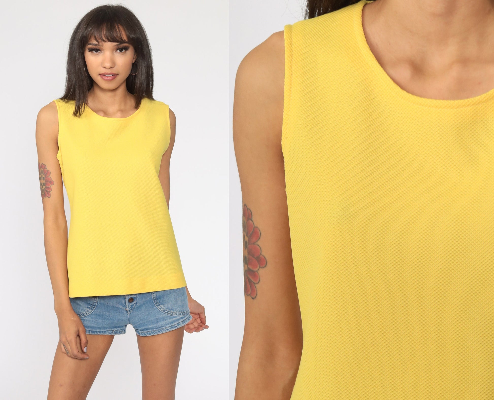 70s Yellow Sleeveless Tank Top Round Neckline Rear Zipper Small