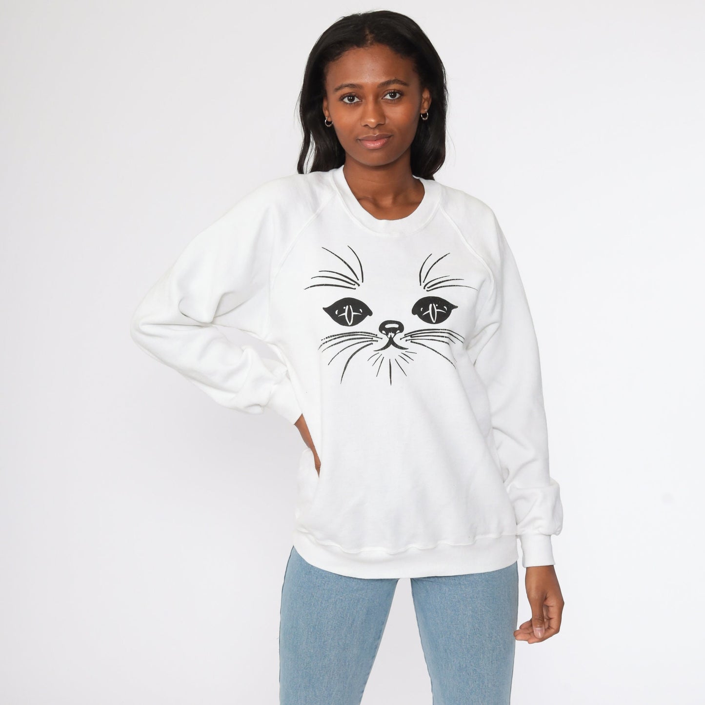 80s Jerzees Cat Face Raglan Sweatshirt White Graphic Crewneck Medium