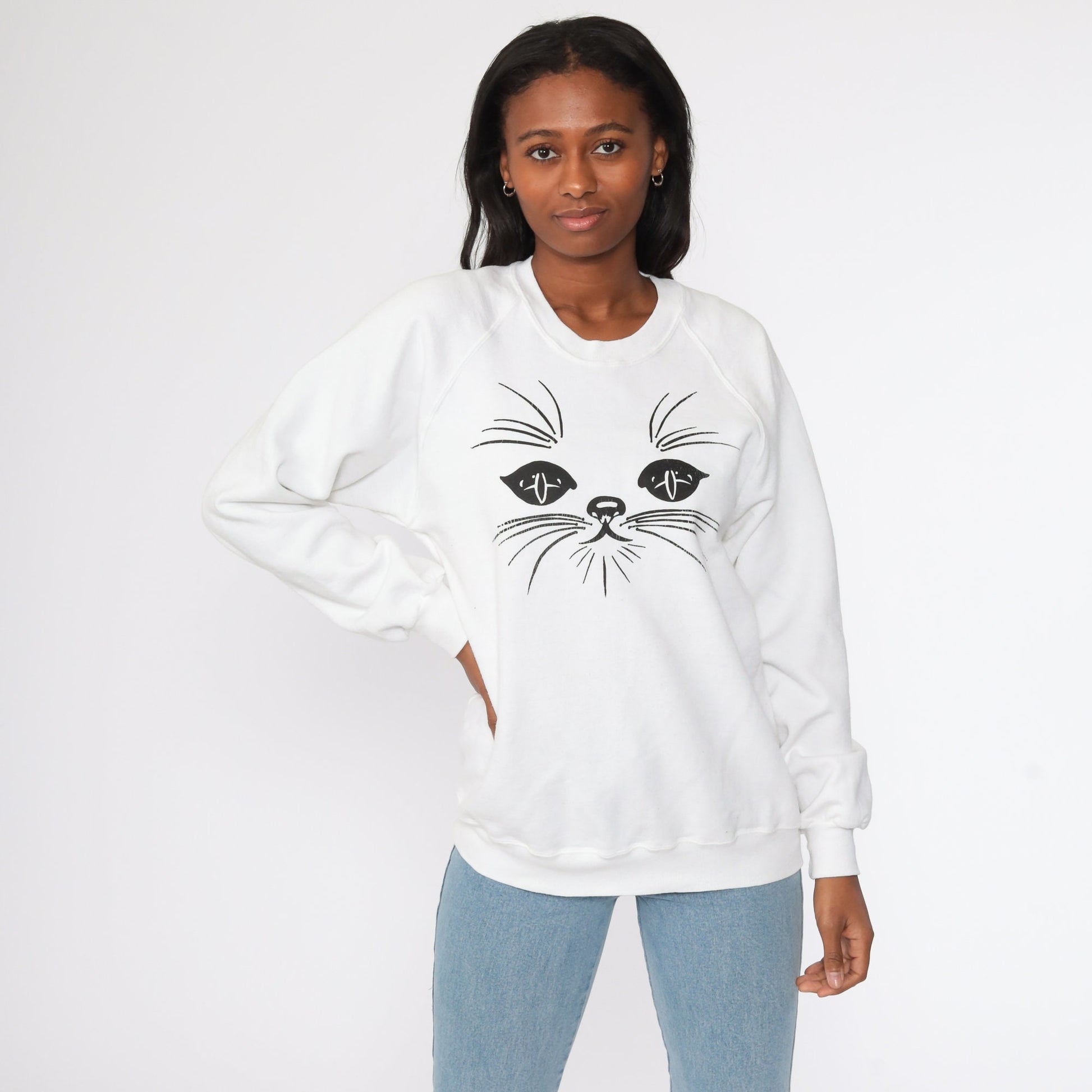 80s Jerzees Cat Face Raglan Sweatshirt White Graphic Crewneck Medium
