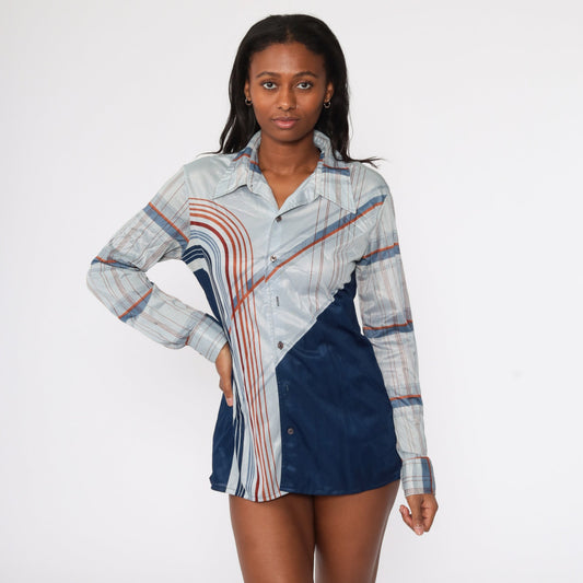 70s Psychedelic Stripe Button Up Blouse Grey Blue Long Sleeve Large L