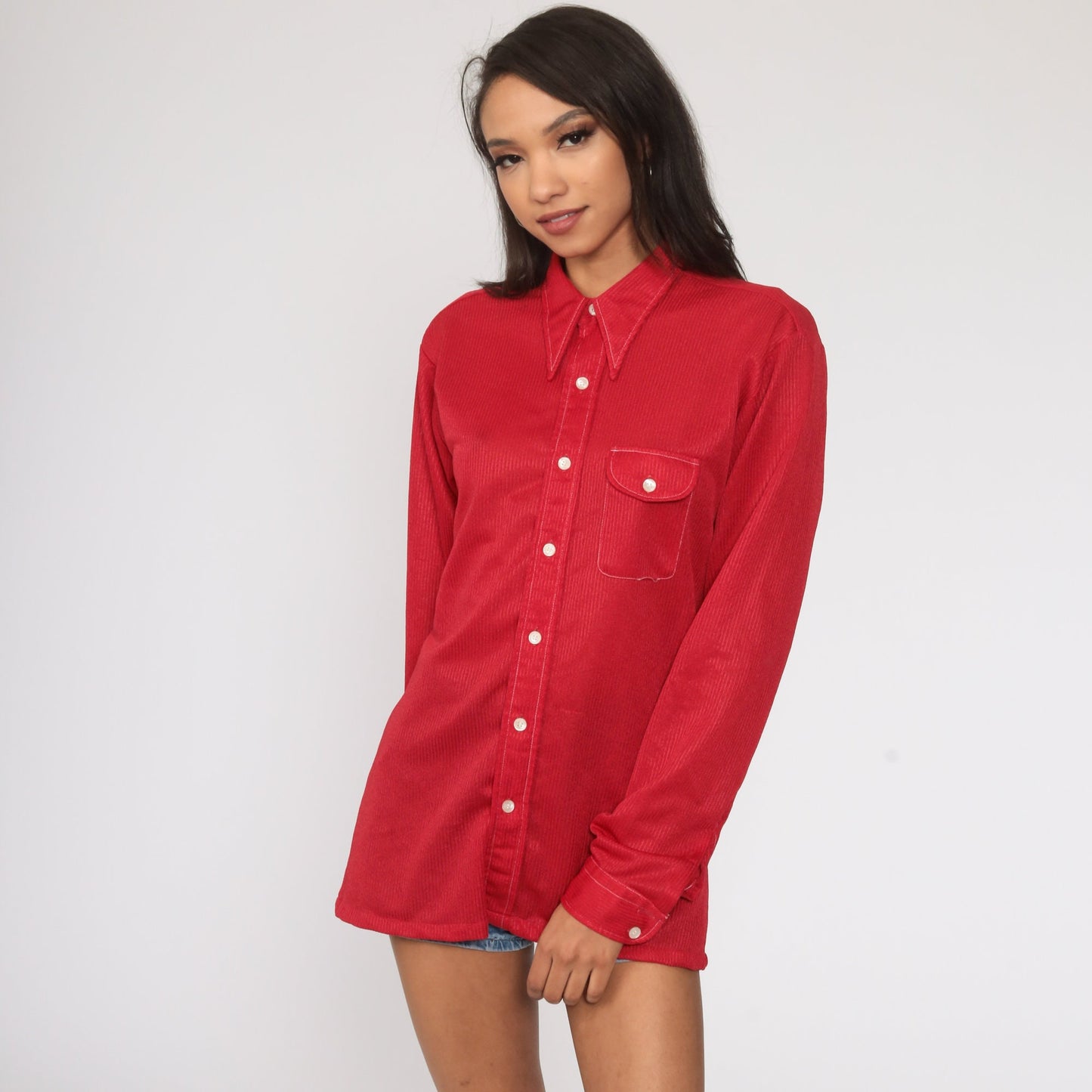 70s Red Dagger Collar Button-Up Shirt Topstitched Long Sleeve Medium Large