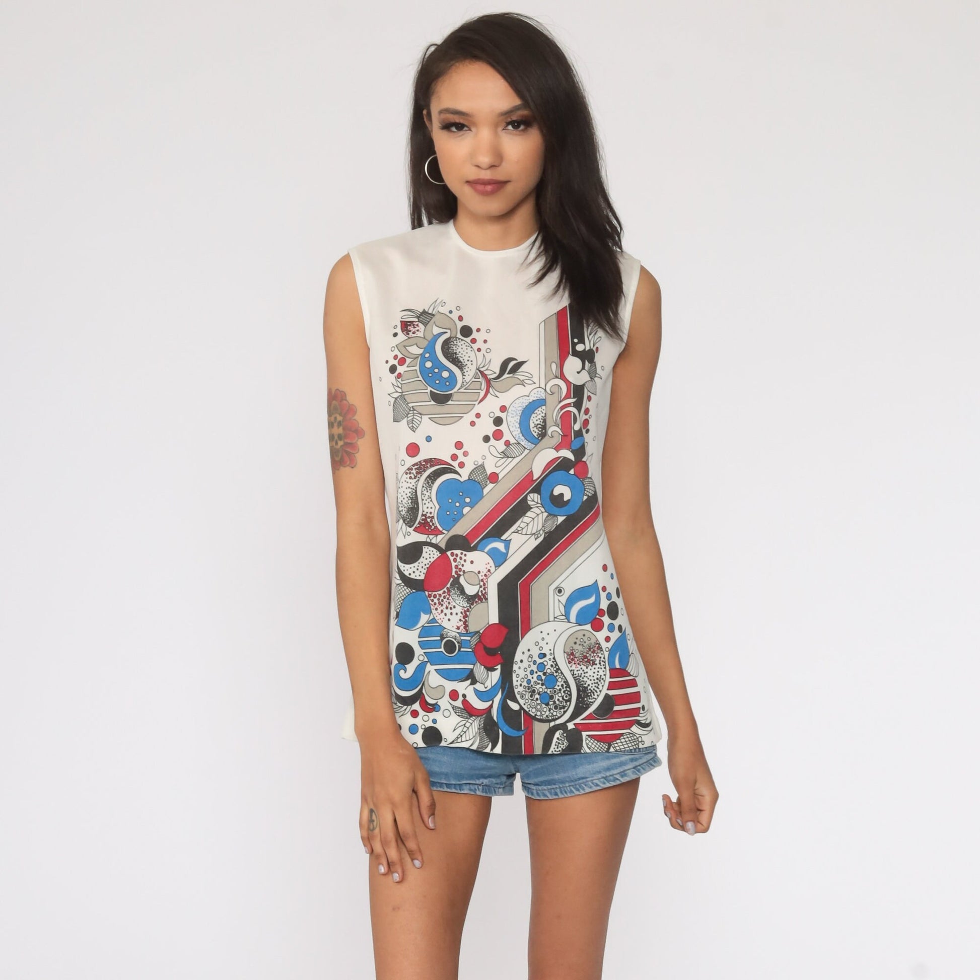 70s Psychedelic Yin Yang Floral Tank Top White Sleeveless Medium