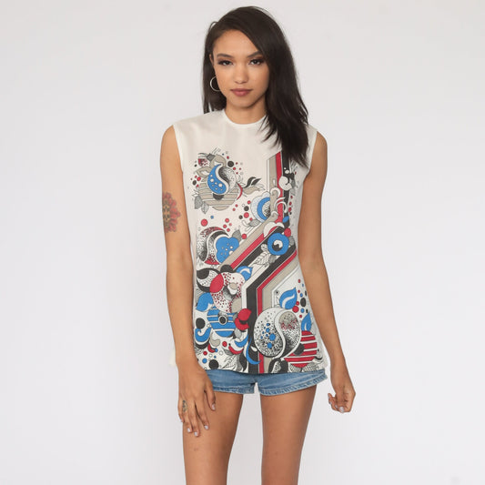 70s Psychedelic Yin Yang Floral Tank Top White Sleeveless Medium