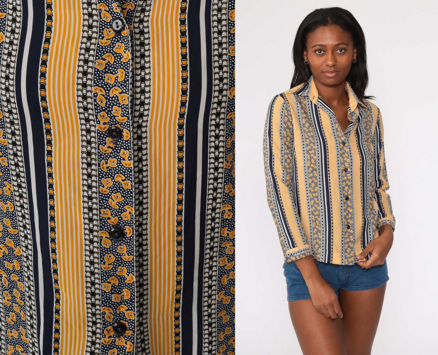 70s Floral Striped Shirt Dagger Collar Yellow Button Up Blouse Small