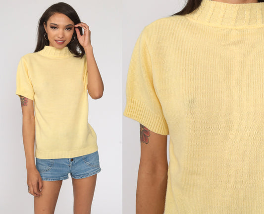 80s Yellow Mock Neck Knit Top Short Sleeve Cable Sweater Small