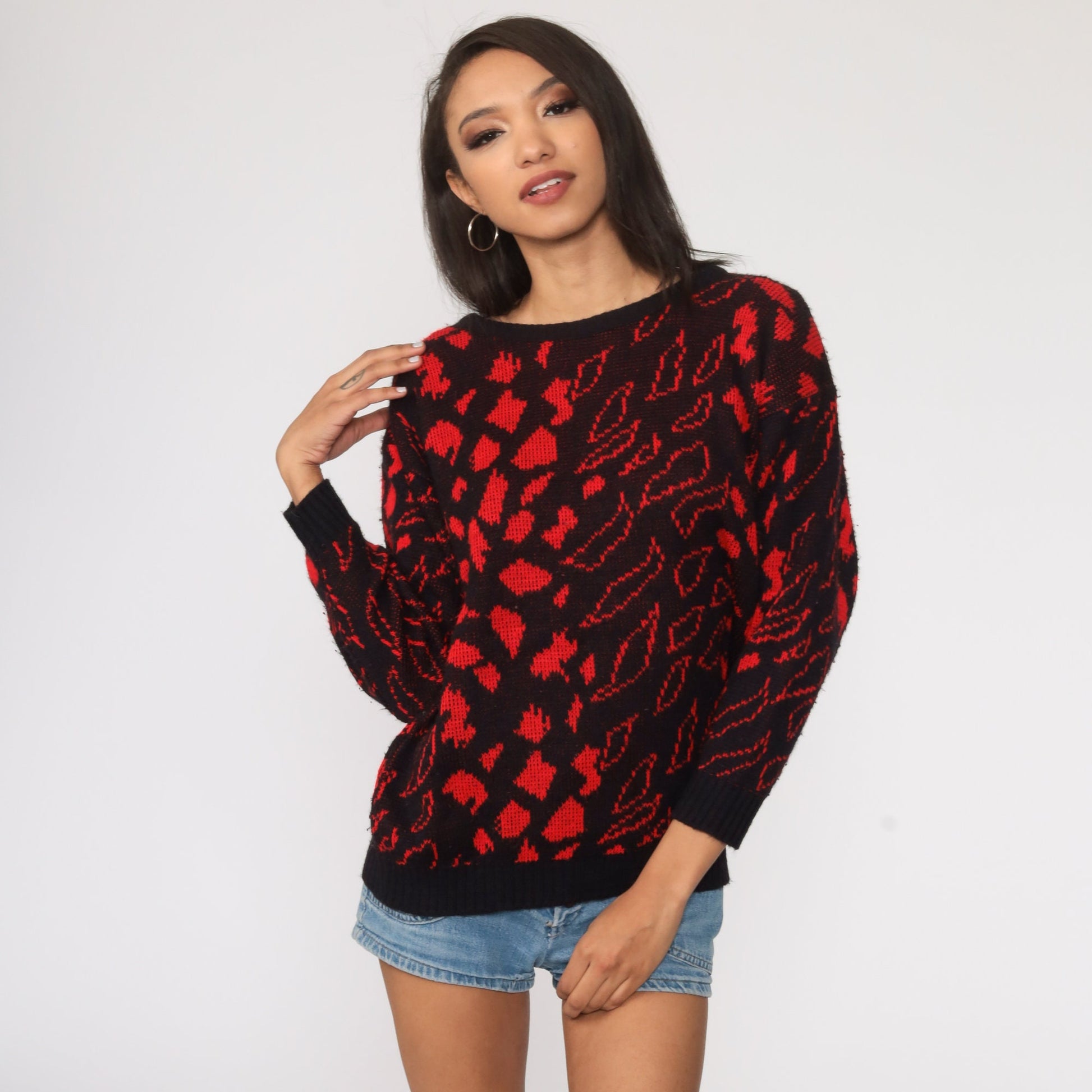 80s Black Knit Sweater with Red Leaf Abstract Design Medium