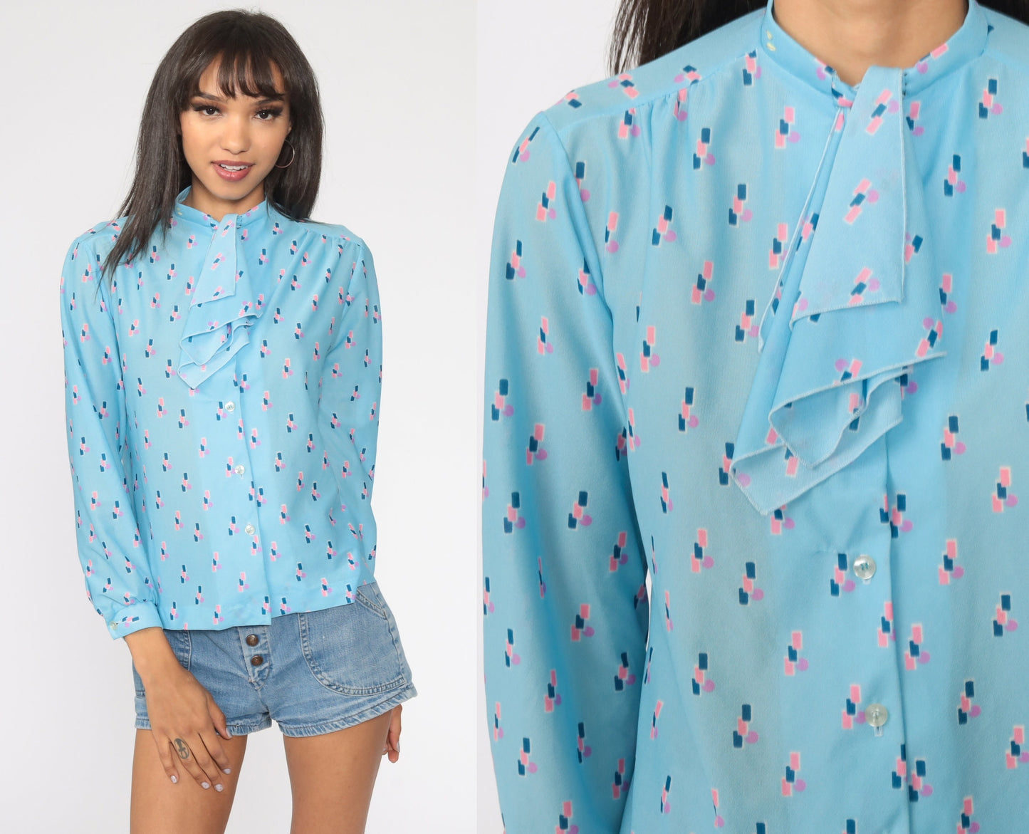 70s-80s Baby Blue Ascot Blouse Long Sleeve Button Up Secretary Shirt Medium