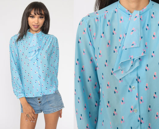 70s-80s Baby Blue Ascot Blouse Long Sleeve Button Up Secretary Shirt Medium