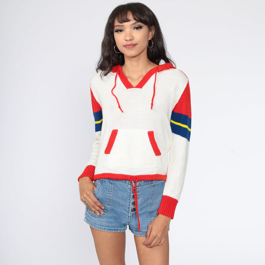 70s White Red Striped Hooded Sweater Knit Pullover Kangaroo Pocket Small