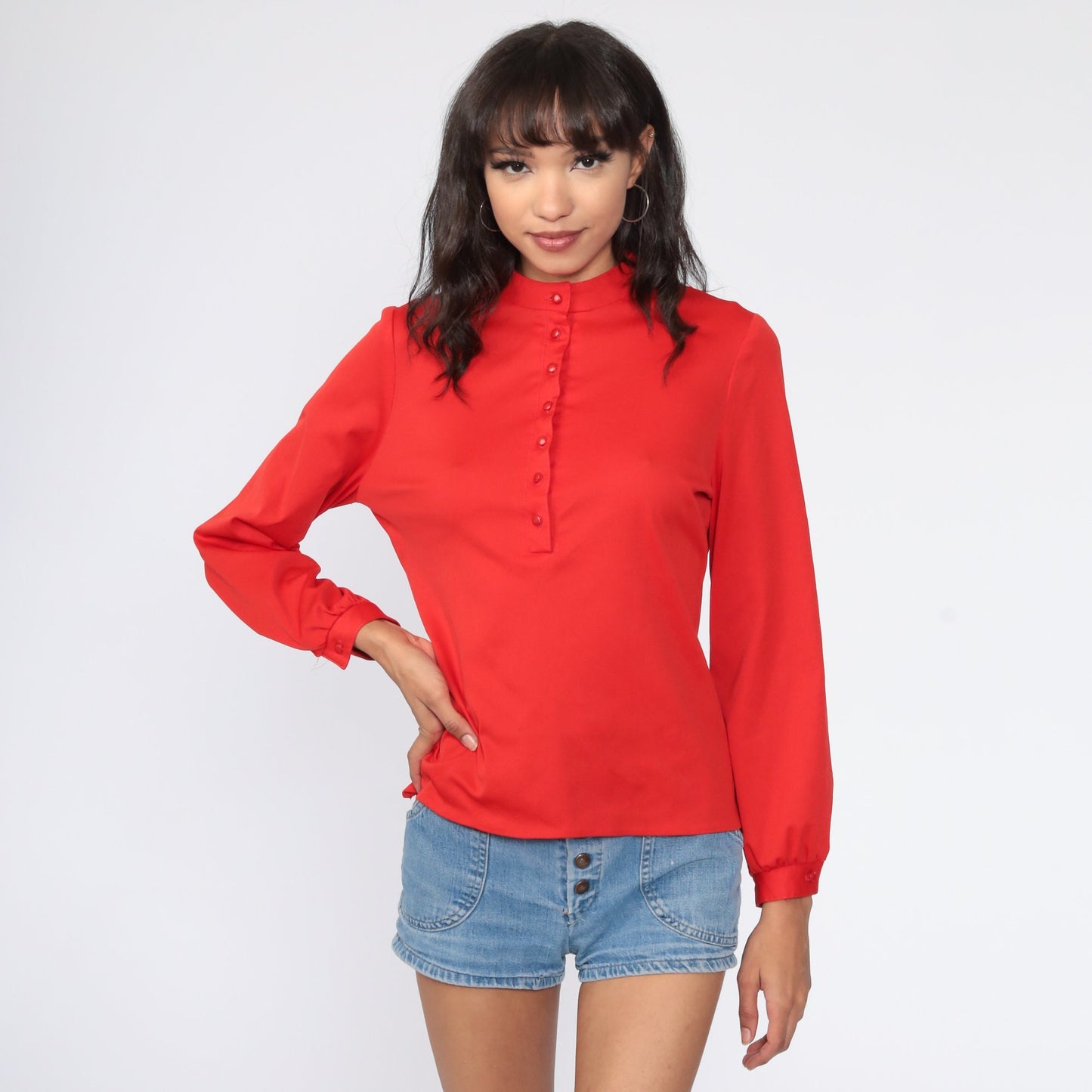 70s Red Half-Button Polyester Blouse Collarless Long Sleeve Medium