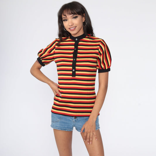 70s Red Yellow Striped Puff Sleeve Button-Up Blouse Small