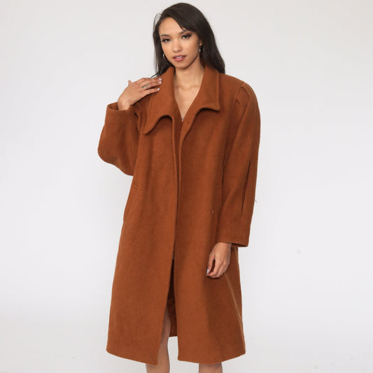 80s Brown Wool Coat Puff Sleeve Single Button Neck Extra Large