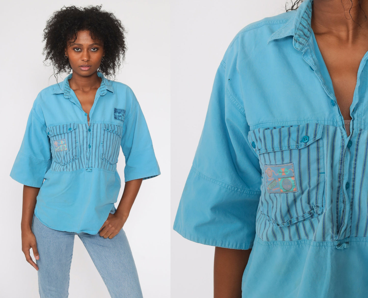 90s Tropical Palm Tree Button Up Shirt Blue Striped Distressed Medium Large