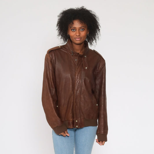 80s Brown Leather Bomber Jacket Moto Cafe Racer Men's Large 44