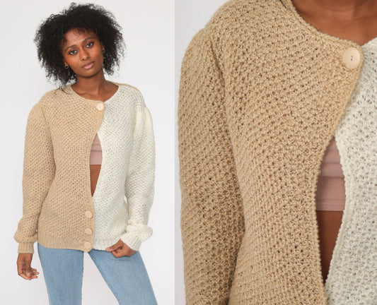 80s Color Block Cardigan Sweater Keyhole Puff Sleeve Knit Tan Medium