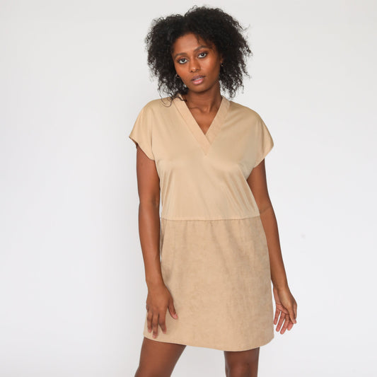 70s Tan Mini Dress V Neck Cap Sleeve High Waist Medium