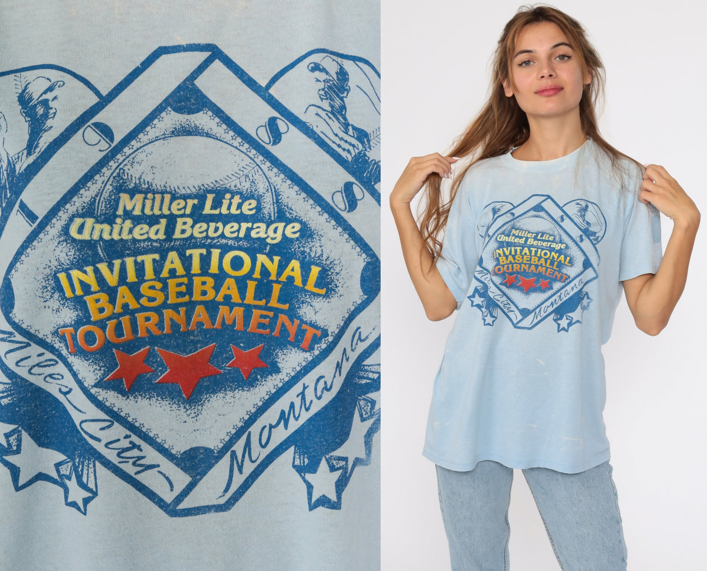 1988 Miles City Montana Baseball Tournament Miller Lite Graphic Tee Medium Large