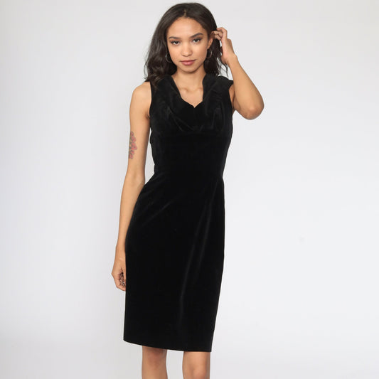 1960s Black Velvet Midi Sheath Dress Lou-ette Fitted Cocktail Small