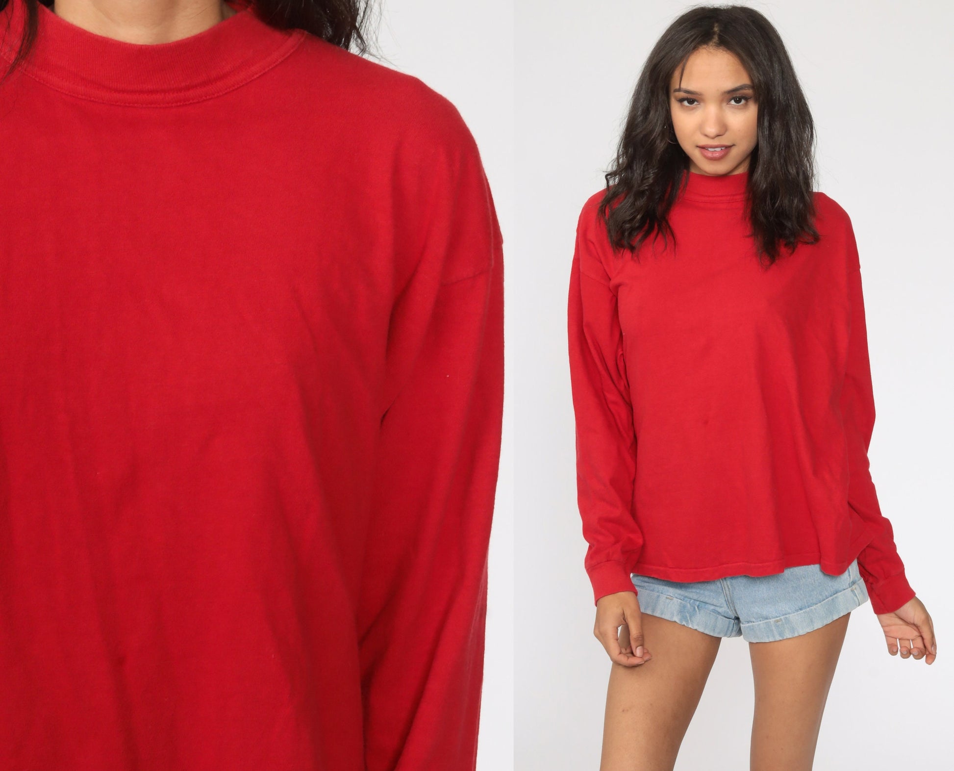 80s Plain Red Long Sleeve Cotton T-Shirt Medium