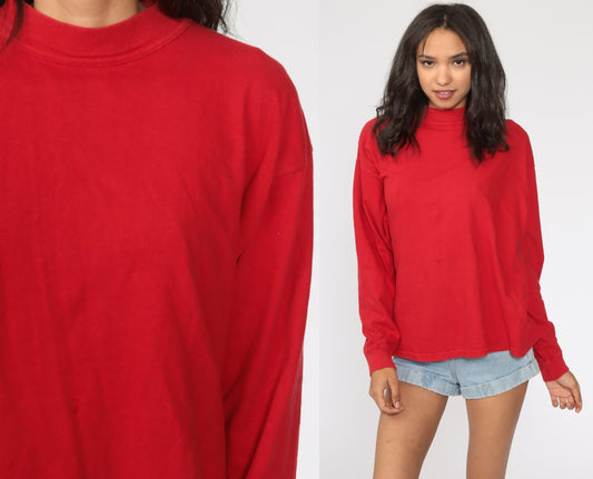 80s Plain Red Long Sleeve Cotton T-Shirt Medium