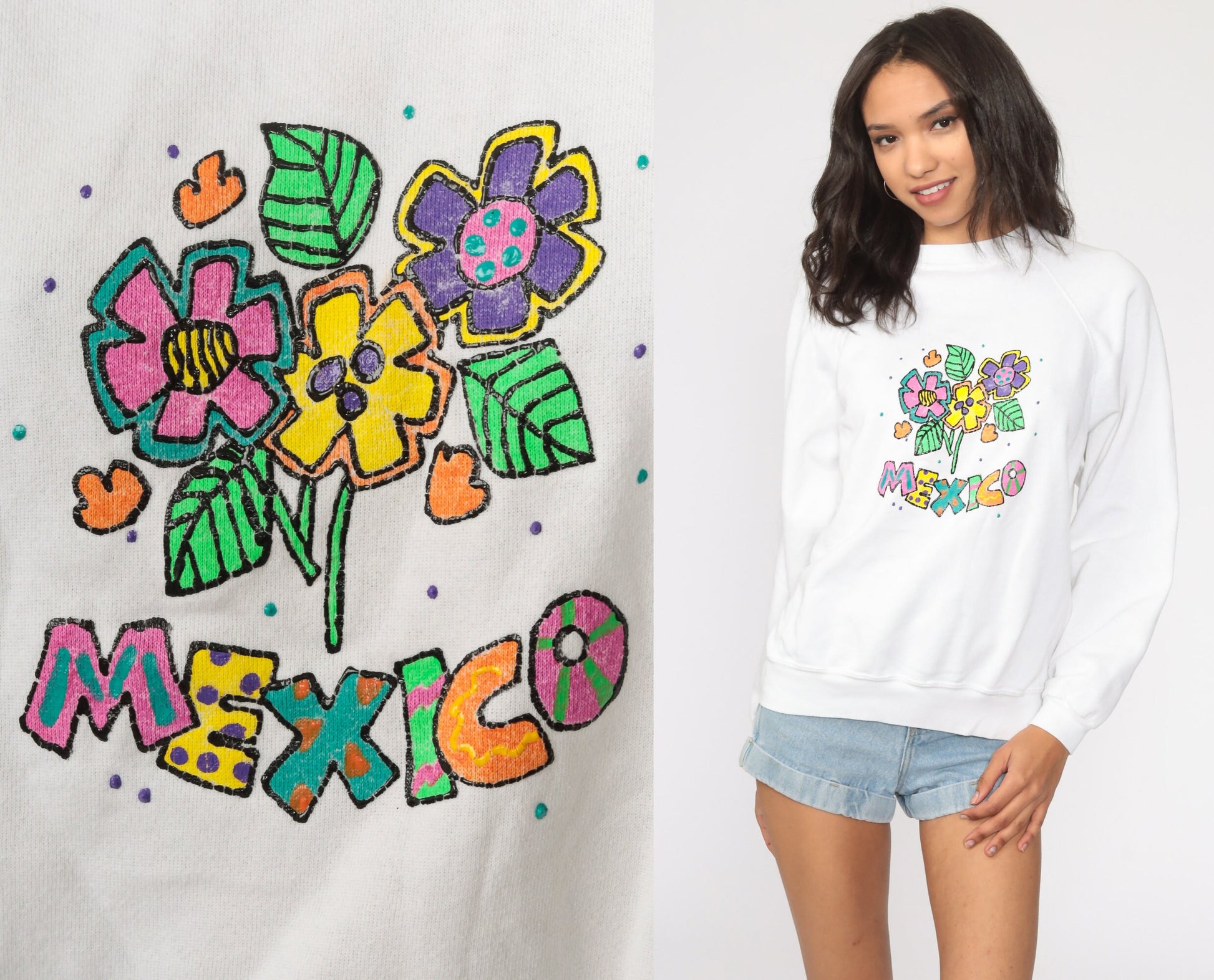 80s Mexico Hand Painted Raglan Sweatshirt White Neon Graphic Cotton Medium