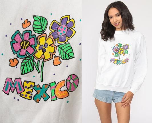 80s Mexico Hand Painted Raglan Sweatshirt White Neon Graphic Cotton Medium