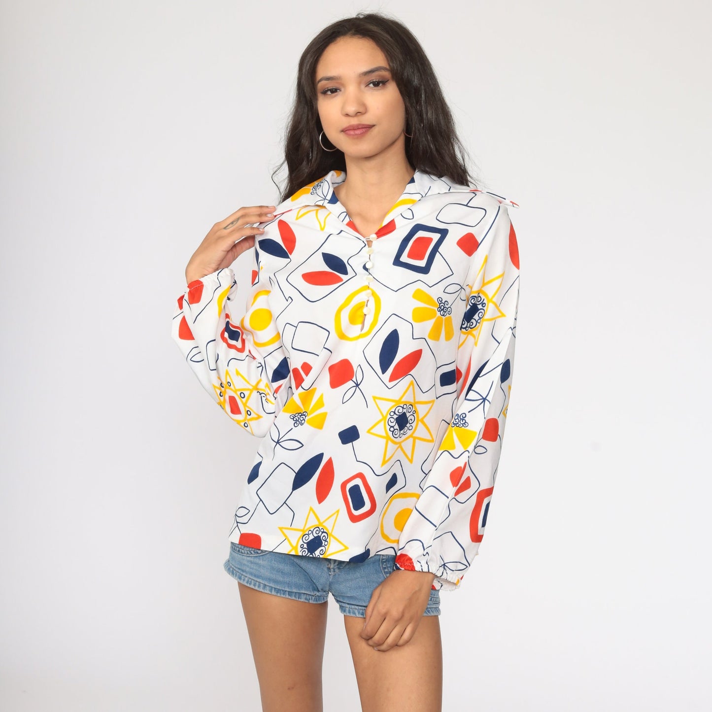 70s Floral Shirt Dagger Collar Button Up Blouse White Geometric Long Sleeve Medium