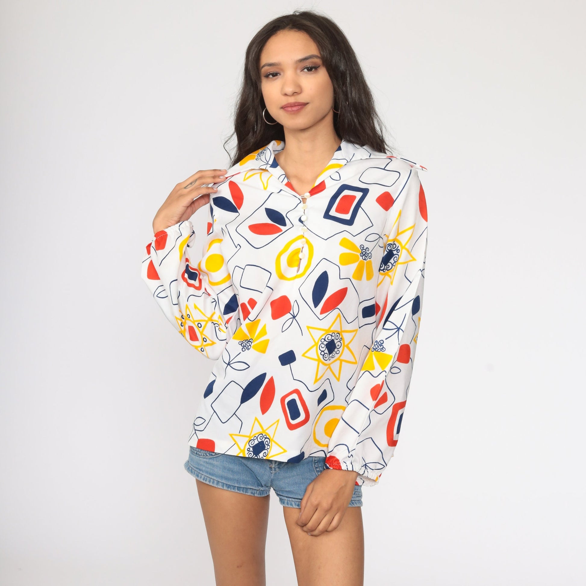 70s Floral Shirt Dagger Collar Button Up Blouse White Geometric Long Sleeve Medium