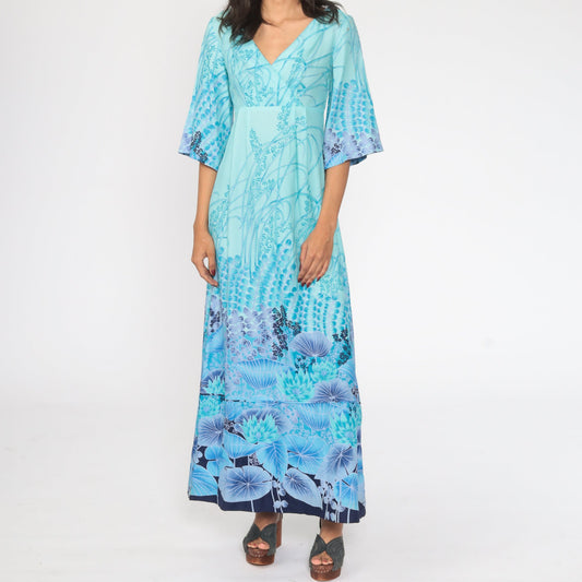 70s Blue Floral Maxi Dress Angel Sleeve Empire Waist Deep V Neck Small