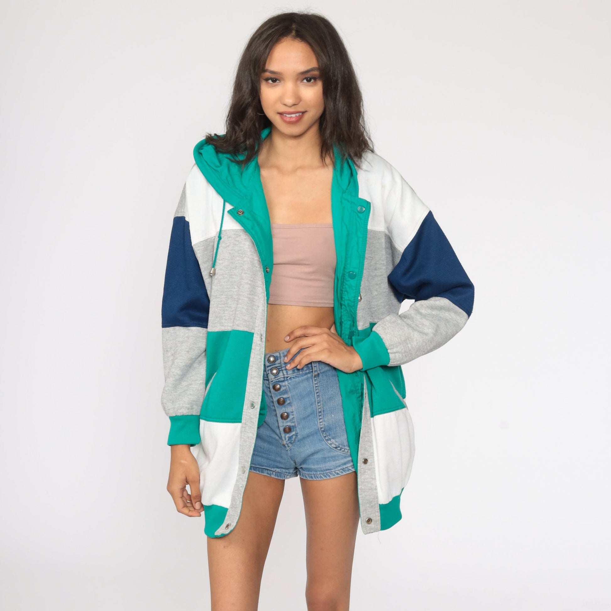 80s Reversible Hooded Windbreaker Nylon Green Grey Color Block Jacket