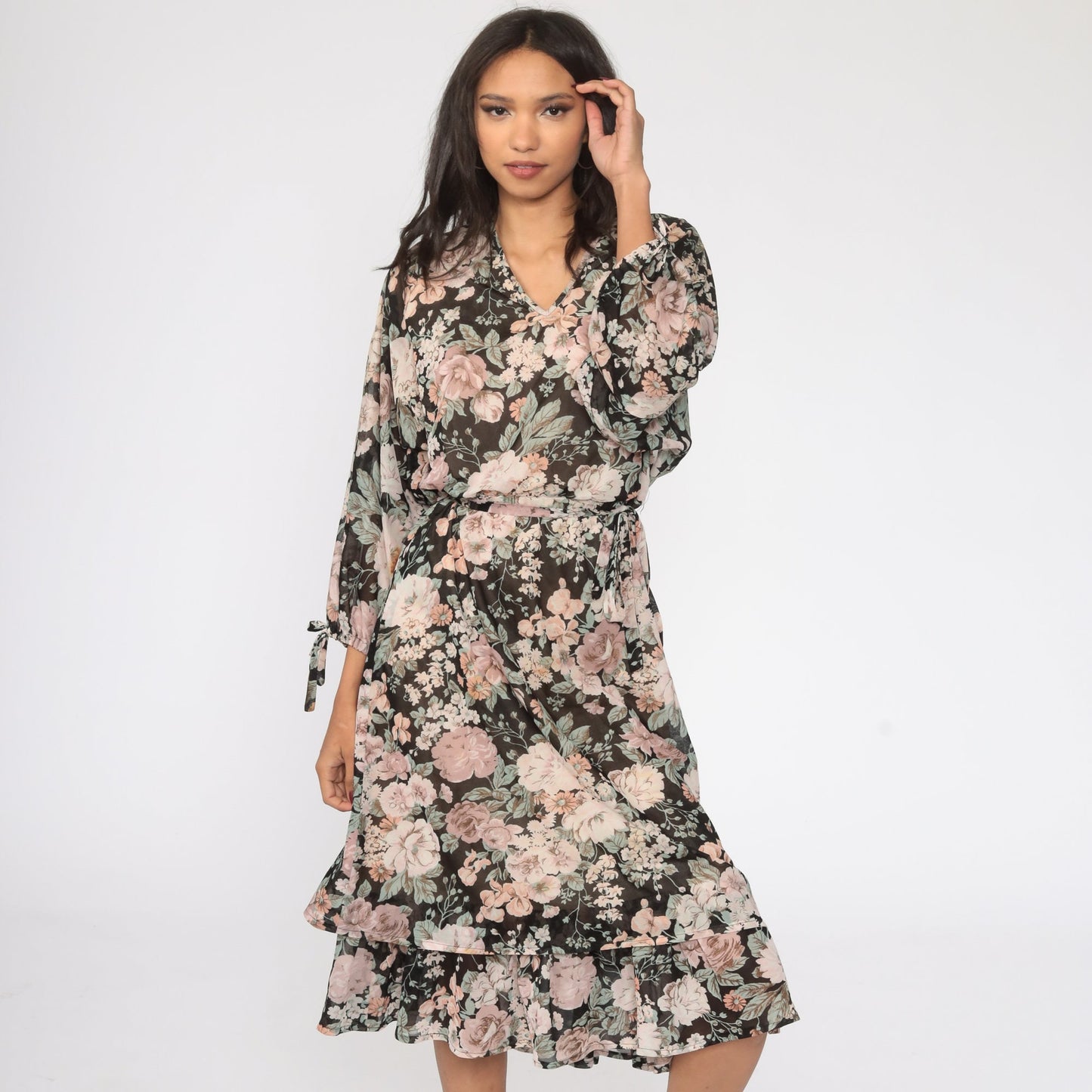 70s Black Floral Midi Dress Long Sleeve High Waist Semi-Sheer Large