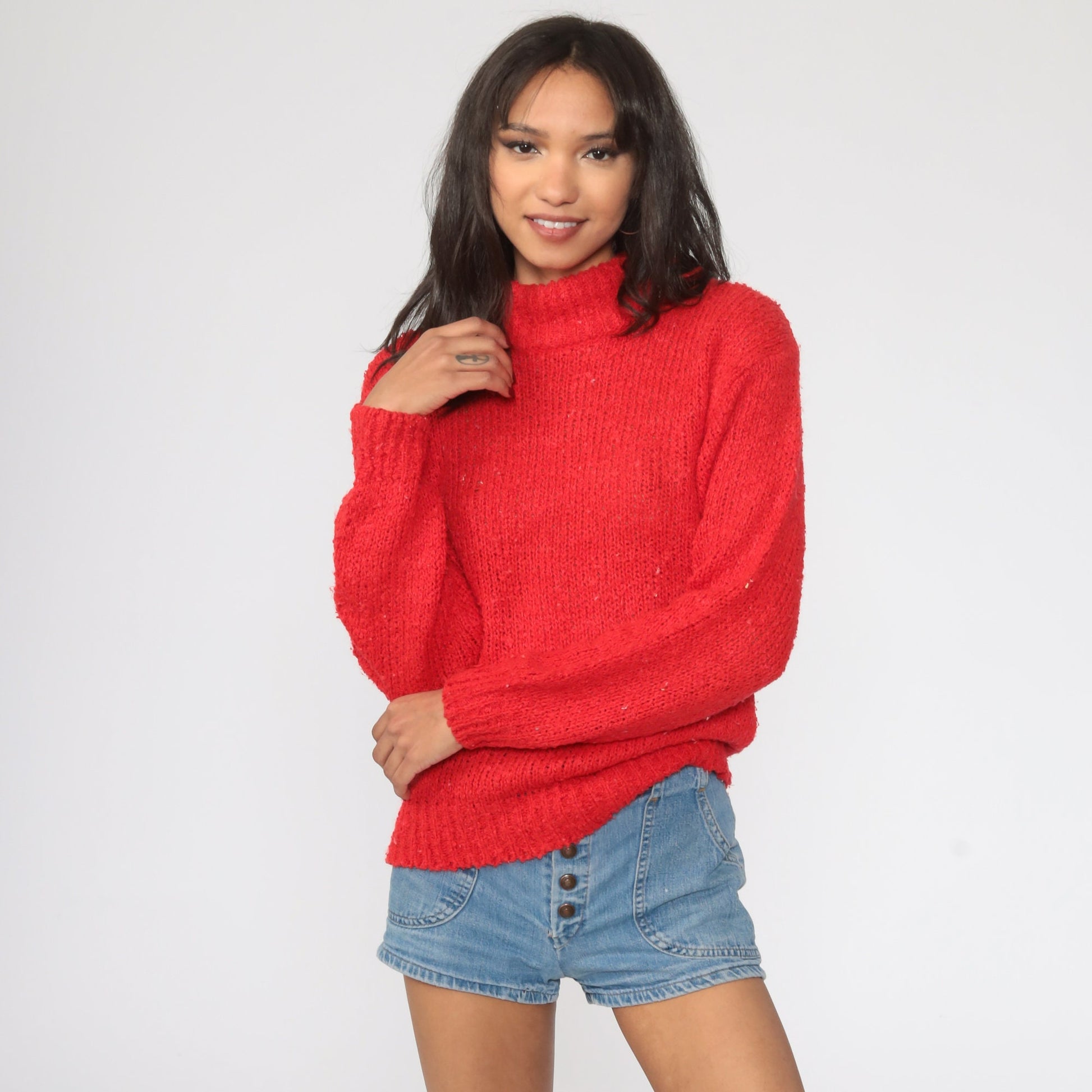 80s Red Mock Neck Knit Pullover Sweater Small Medium