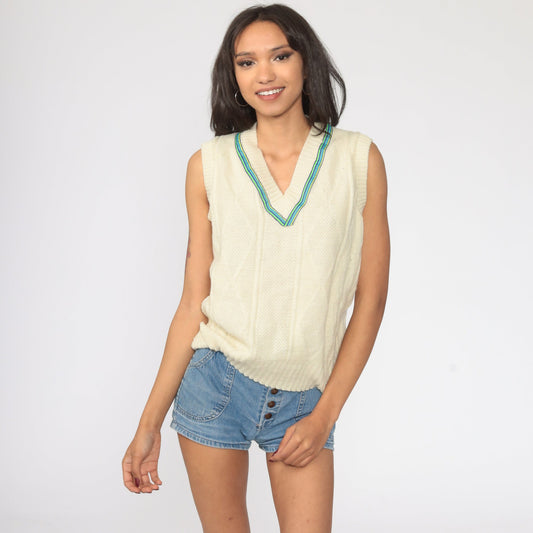 80s Cable Knit Vest Top Cream V-Neck Sleeveless Sweater Small Medium