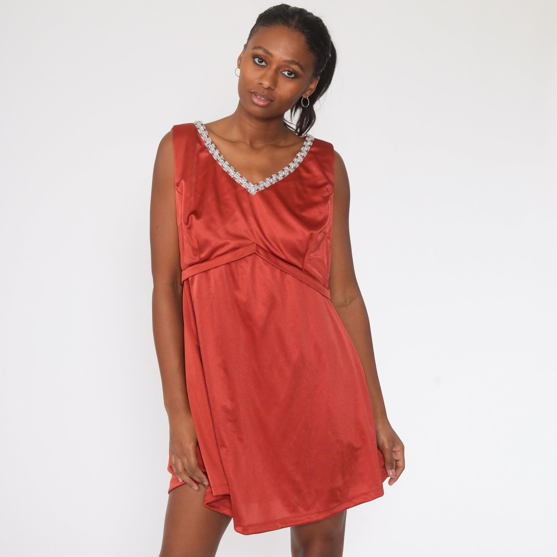 70s Rust Red Metallic Trim Empire Waist Mini Dress Sleeveless Large