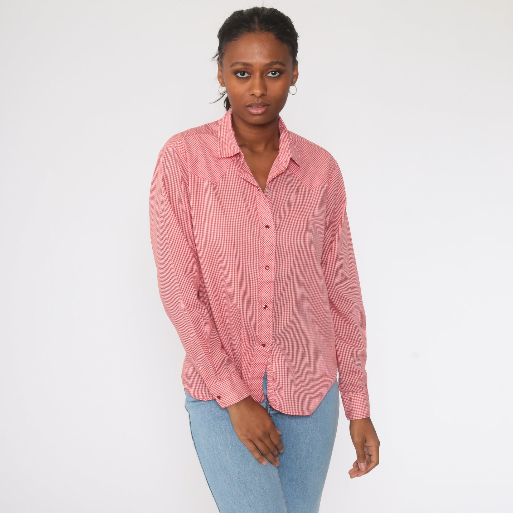 80s Red Gingham Pearl Snap Western Shirt Long Sleeve Large