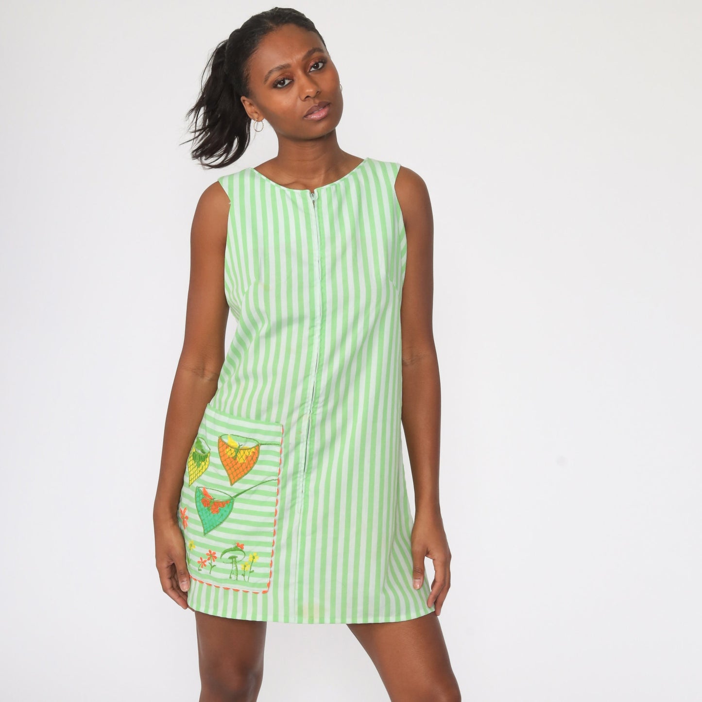 70s Butterfly Catcher Shift Dress Mushroom Embroidered Striped Mini Medium