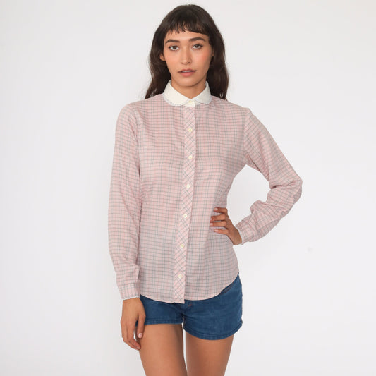 80s Pink Blue Plaid Button-Down Blouse Peter Pan Collar Long Sleeve Small