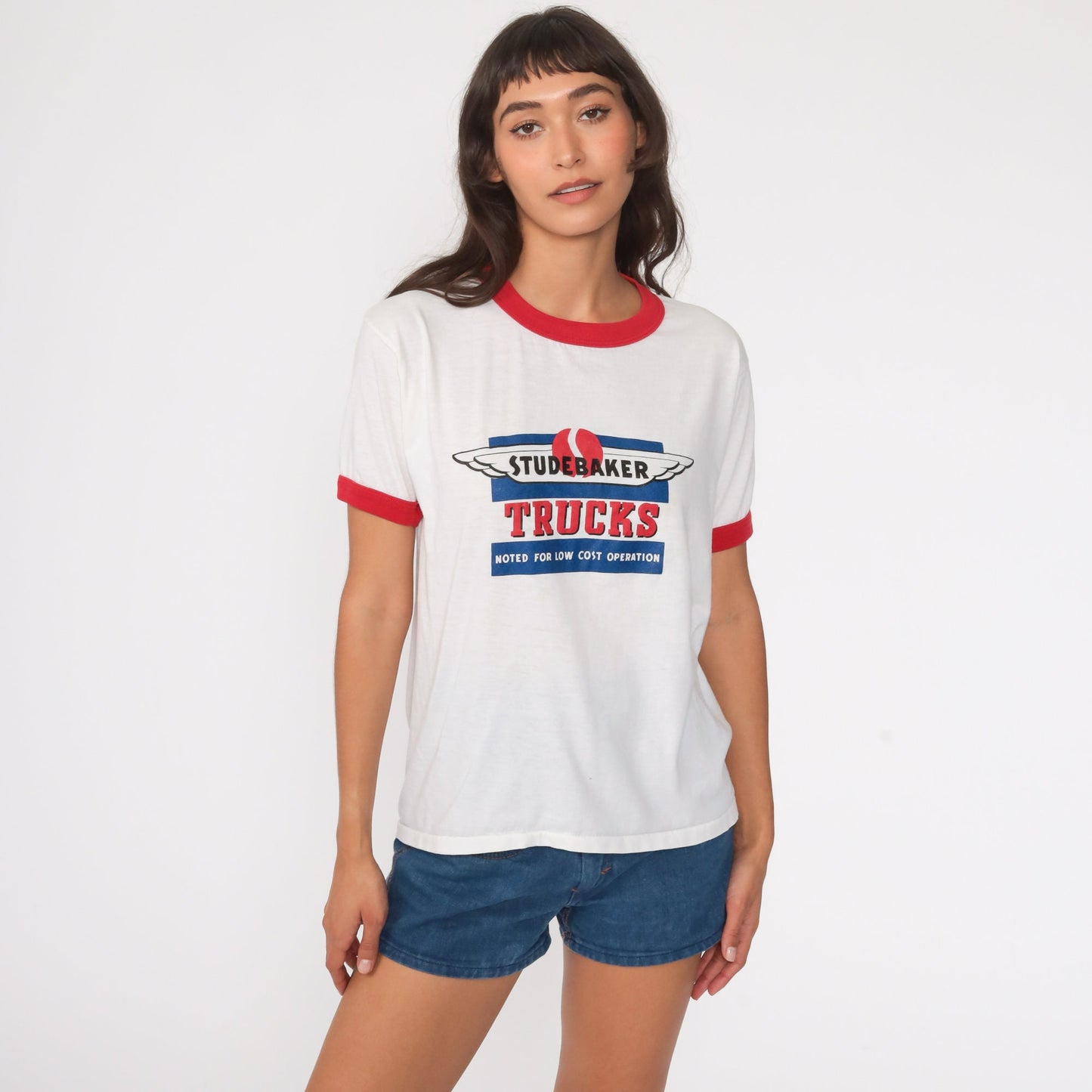 80s Studebaker Trucks Ringer Tee White Red Graphic Short Sleeve Medium