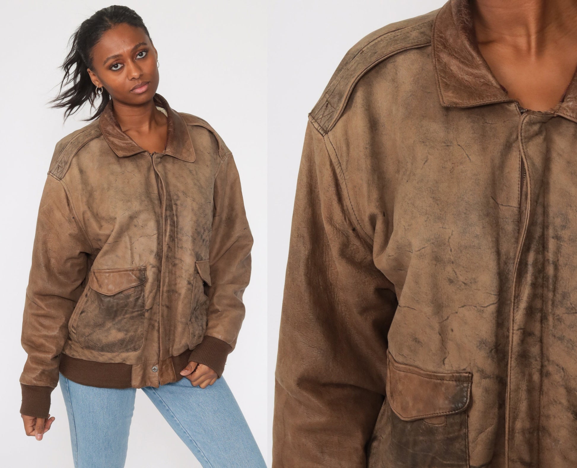 80s Charles Klein Brown Leather Bomber Jacket Moto Biker Extra Large