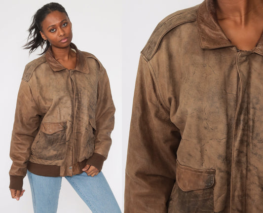 80s Charles Klein Brown Leather Bomber Jacket Moto Biker Extra Large