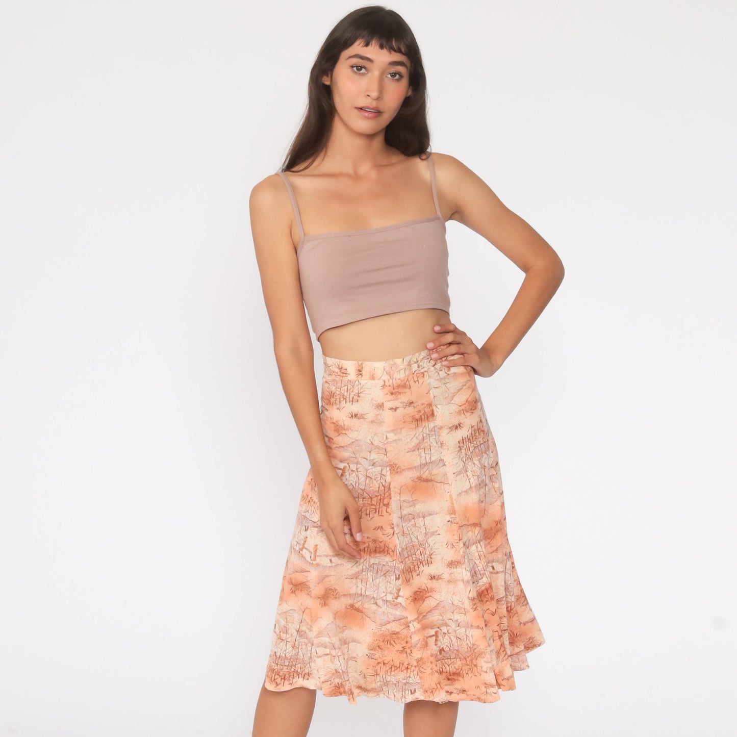 70s Asian Print Midi Skirt High Waist Orange Novelty Vintage Extra Small