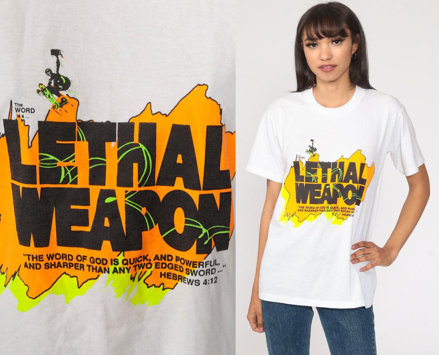 90s Christian Bible Hebrews 4:12 Neon Graphic T-Shirt Small