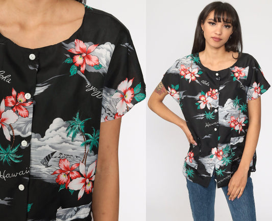 80s Tropical Floral Hawaiian Button-Up Blouse Black Hibiscus Print Medium Large