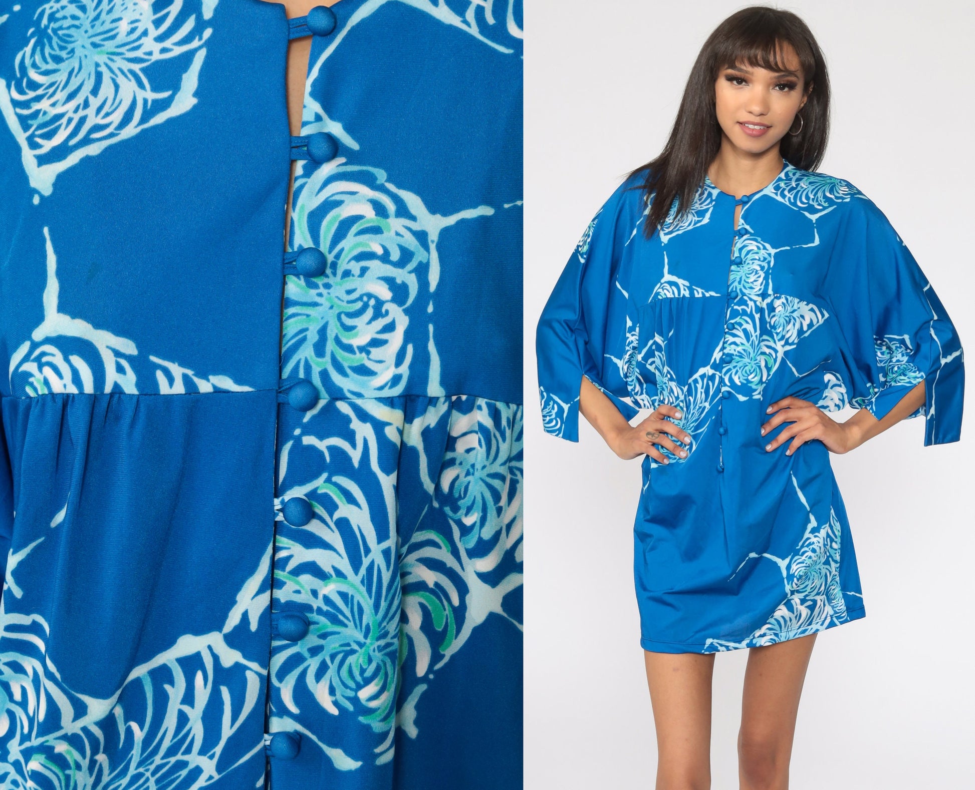 70s Liberty House Floral Shift Dress Blue Dolman Sleeve Mini Medium