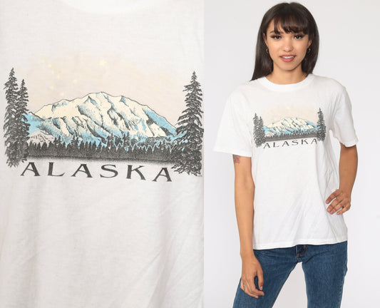 90s Alaska Mountain Graphic T-Shirt White Cotton Tee Extra Small