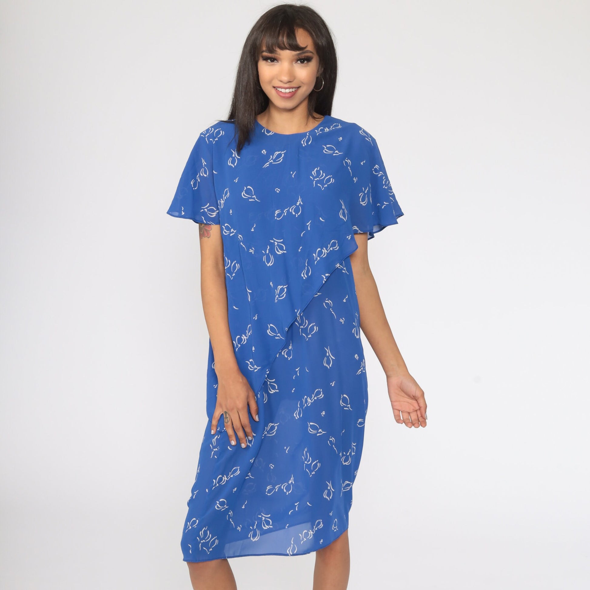 90s Floral Shift Dress Blue Flutter Sleeve Midi Semi-Sheer Medium