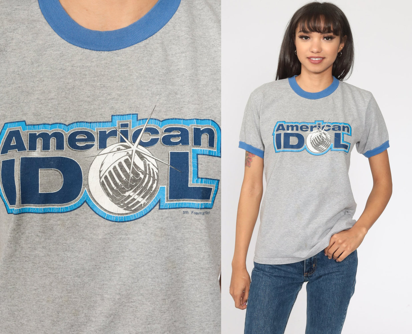 00s American Idol Ringer Tee Grey Graphic T-Shirt Small S