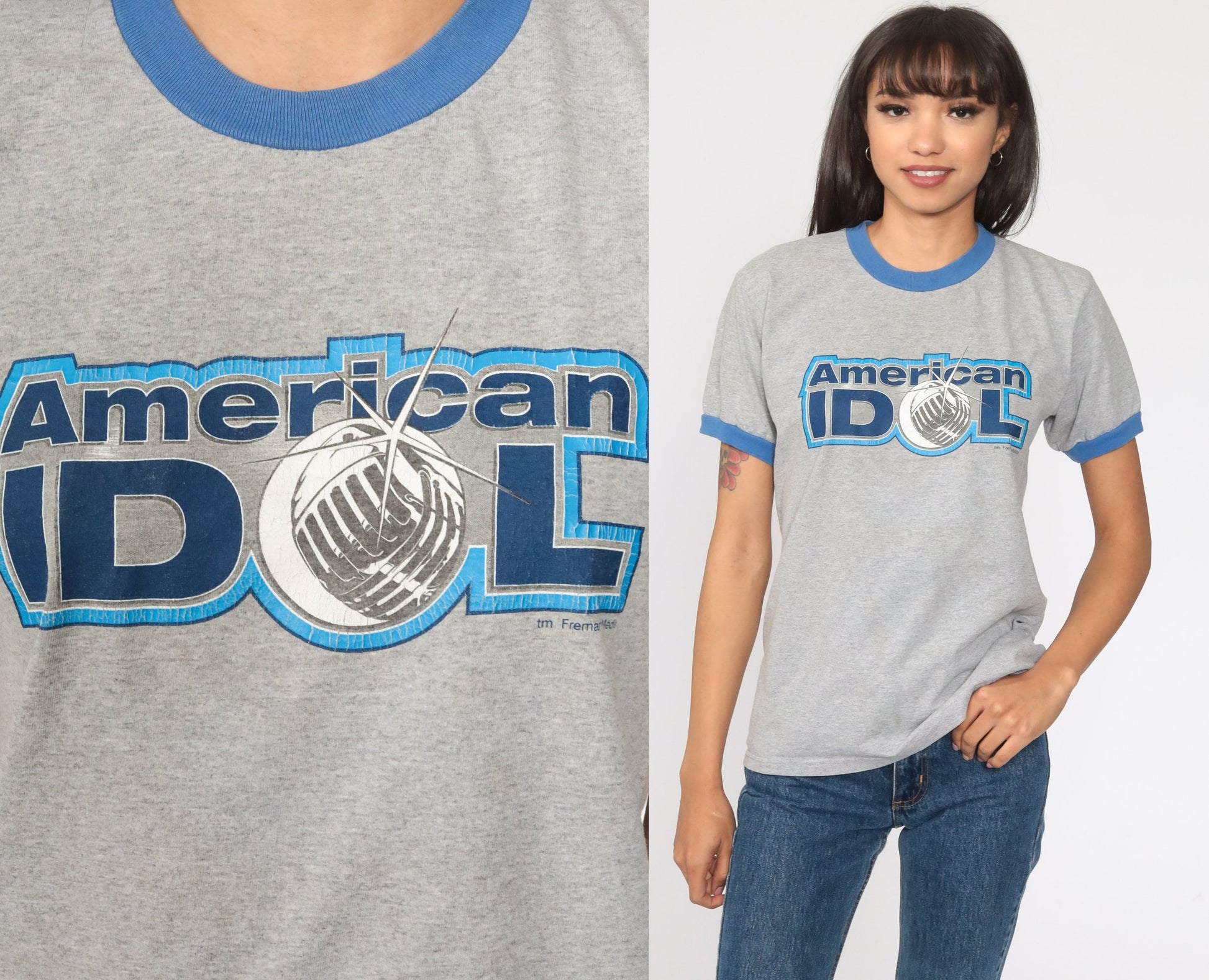 00s American Idol Ringer Tee Grey Graphic T-Shirt Small S