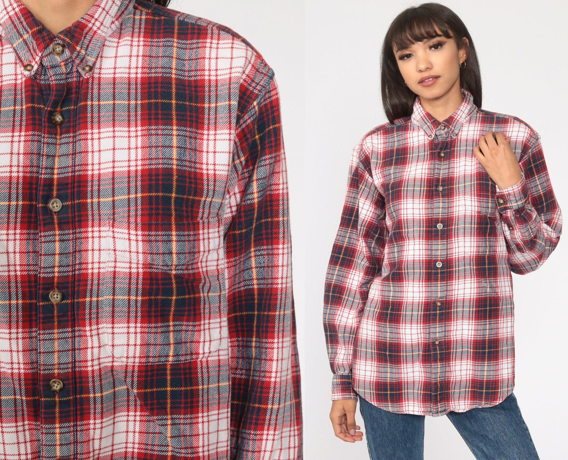 90s Red Navy Plaid Flannel Shirt Cotton Button Up Large