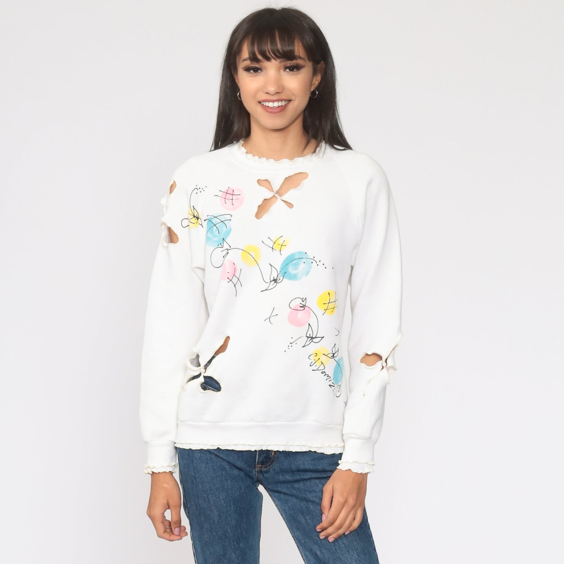 80s Floral Cutout White Raglan Sweatshirt Crewneck XS